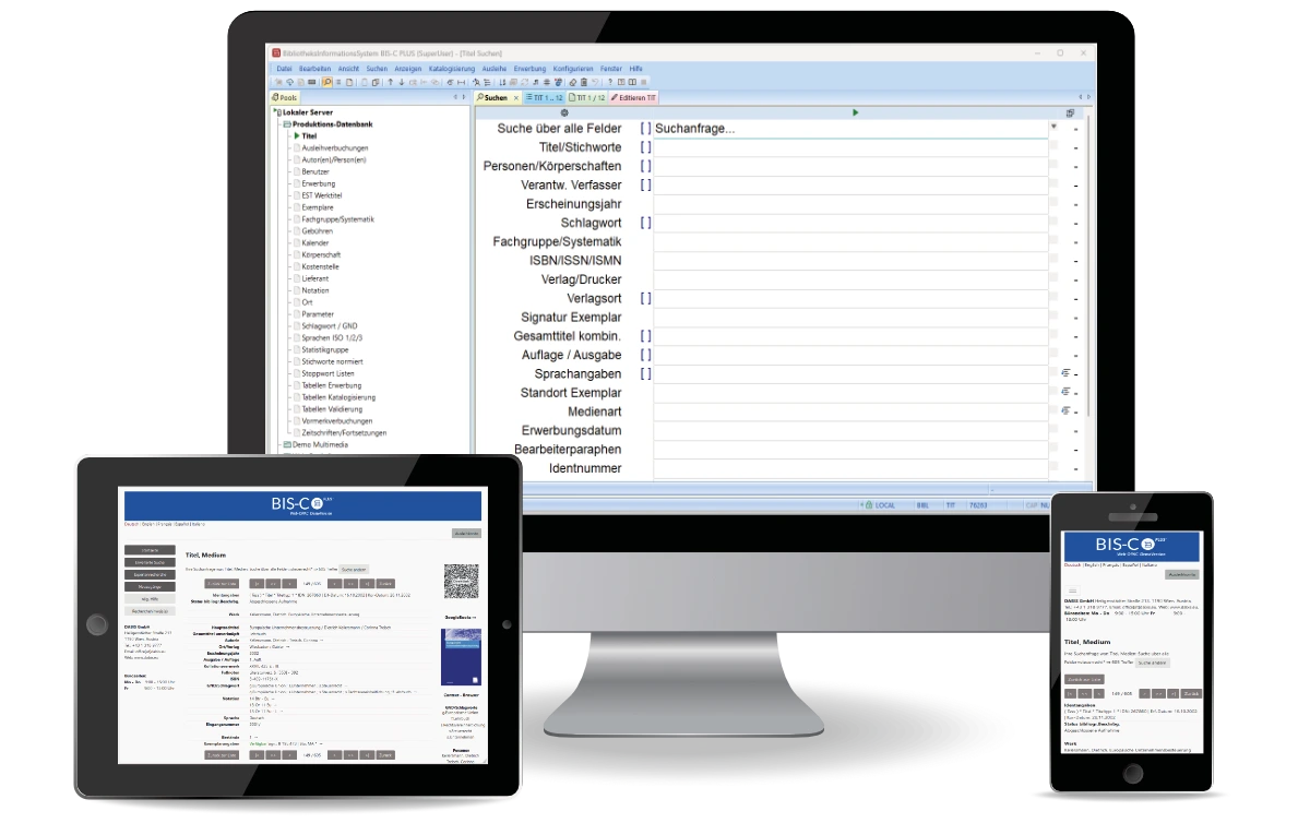 Ansicht des BIS-C PLUS Clients und mobile Ansicht des OPACs