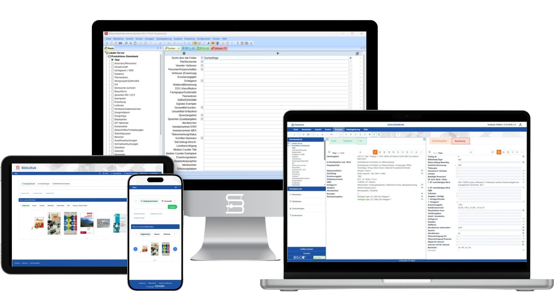 BIS-C PLUS Client, Web-Client und Mobile Ansicht des Web-OPACs